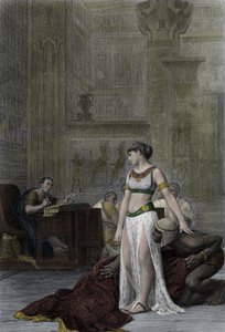 Dronningen af Egypten Cleopatra VII Thea Philopator (69-30 f.Kr.) og Jules Cesar (100-44 f.Kr.) - Kleopatra før Julius Cæsar i Shakespeares skuespil, Antony og Cleopatra, efter maleriet af Jean Leon Gerome