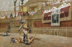 Gladiatorer i den romerske arena: Tilskuerne vender tommelfingeren nedad for at signalere til sejrherren, at han ikke skal skåne sin modstander. Kromolitografi efter maleri af JL Gerome. af Jean Leon Gerome