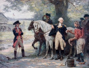 Den amerikanske uafhængighedskrig (1775-1783): George Washington (1732-1789) halvvejs til Brook, nær den kontinentale hærs militærlejr, kommer en ung mand med en drink til ham - Maleri af Jean Leon Gerome Ferris (1863-1930 ) af Jean Leon Gerome