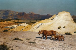 Løvinde og unger; Løvinde og løvinde, af Jean Leon Gerome