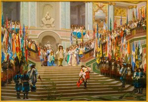 Modtagelse af Louis 2 de Bourbon Conde sagde Grand Conde af kong Louis 14 a Versailles i 1674 af Jean Leon Gerome