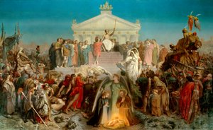 århundrede af august: Vor Herre Jesu Kristi fødsel. Augustus triumf (Octavian eller Octavian, 63 BC-14 AD. JC), romersk kejser. Illustration af værket "Histoire universelle 9eme epoque" af Jacques Benigne Bossuet (1627-1704). Maleri af Jean Leon Gerome af Jean Leon Gerome