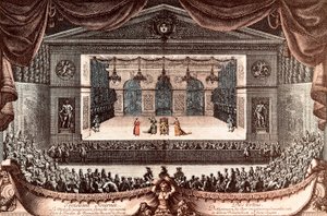 "Le malade imaginaire" (Den imaginære invalid) af Jean Baptiste Poquelin dit Moliere i Versailles (farvet gravering)