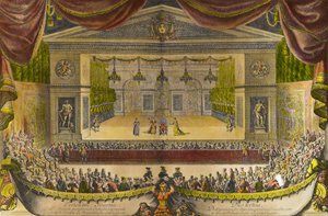 Repræsentation af de imaginære syge i Versailles Repræsentationen af skuespillet af Jean Baptiste Poquelin dit Moliere (1622-1673) foran grotten Thetis (Thetys) i Versailles haver i nærværelse af kong Ludvig XIV, sted i centrum