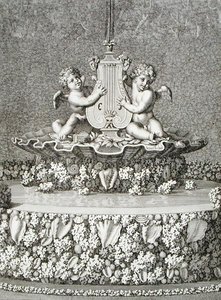To amoriner, der holder en lyre, et springvand i Versailles af Jean Lepautre