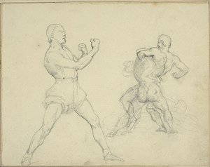 Bokser mod højre og to mænd i brydning af Jean Louis André Théodore Géricault