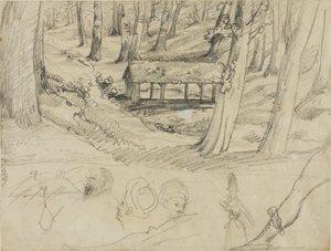 Skovinteriør med stråtækt hytte og andre skitser af Jean Louis André Théodore Géricault