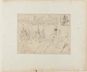 Ark med skitser: Kavalerislag og soldater til hest af Jean Louis André Théodore Géricault
