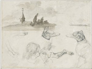 Ark med skitser: Greyhounds; et mandligt og et kvindeligt hoved i af Jean Louis André Théodore Géricault