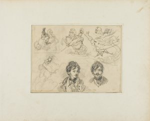 Ark med skitser: Ryttere, havfruer og to portrætter af unge mænd af Jean Louis André Théodore Géricault