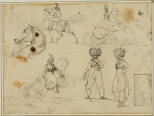Ark med skitser: Soldater, heste og et landskab af Jean Louis André Théodore Géricault