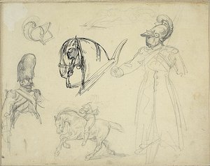 Skitser af heste og soldater af Jean Louis André Théodore Géricault