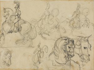 Skitser af ridende karabinere og hestehoveder af Jean Louis André Théodore Géricault