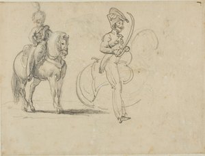 Skitser af en bereden chasseru og en kavaleriofficer med trukket sabel af Jean Louis André Théodore Géricault