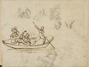 Skitser af en musikalsk bådfest og af en kvinde med høj hat af Jean Louis André Théodore Géricault