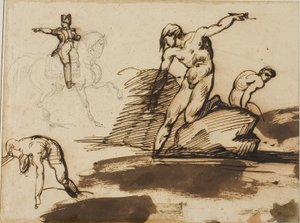 Studie af Napoleon til hest med skitser af nøgenbilleder blandt klipper af Jean Louis André Théodore Géricault