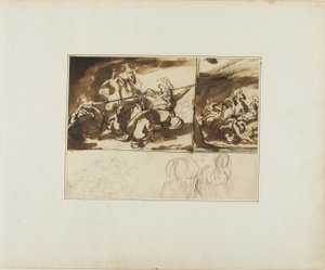 Tre skitser af en rytterkamp og en skitse af to af Jean Louis André Théodore Géricault