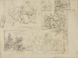 Tre studier med skitser af et skovlandskab og et kavalerislag af Jean Louis André Théodore Géricault