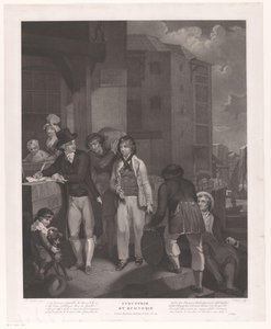 Gruppe af figurer foran et pakhus i en havn Industri og økonomi (titel på objekt) af Jean Louis Darcis