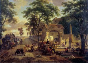 En landskabsvej med vogn af bønder, besætninger og hyrder. Maleri af Jean Louis Demarne (1744-1829) 1800-tallet. Svag. 0,5x0,61 m.