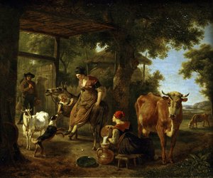 På gården. En scene fra livet på landet af Demarne, Jean-Louis (Jean Louis de Marne ou de Marnette) (ca. 1752-1829). Olie på lærred, anden halvdel af det 18. århundrede, State A. Radishchev Art Museum, Saratov