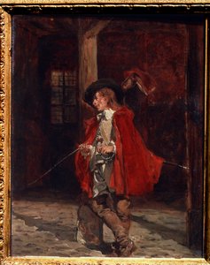 ""Le swashbuckler in a red cloak"" (Swashbuckler in a red cloak) repræsentation af en musketer, elsker af sværddueller, der nonchalant læner sig mod en stolpe. Maleri af Ernest Jean Louis Meissonier (1815-1891) Pushkin Museum fra det 19. århundrede, Moskva af Jean Louis Ernest Meissonier