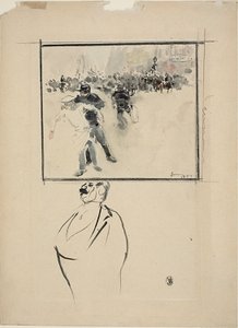 Skitser af en indrammet optøjsscene og af en mand (recto); Kvinde med en motorhjelm (verso) af Jean Louis Forain