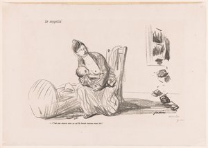 Kvinde ammer, mens ruderne er knust Le zeppelin (titel på objekt) af Jean Louis Forain