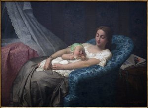 Den unge mor. Maleri af Jean Louis Hamon (1821-1874), Olie på lærred