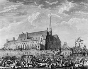 Fransk revolution: Kong Louis XVI ankommer med sin familie (Marie Antoinette, delfinen Louis Charles af Frankrig eller Louis XVII og Marie Therese kendt som "Madame Royale") til Paris den 6. oktober af Jean Louis II (after) Prieur