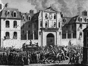 Fransk revolution: Plyndring af huset Saint Lazare i Paris mandag den 13. juli 1789 af de revolutionære. Stik af Berthaut efter Prior. Paris, bibliotek for Institut for Revolutionshistorie