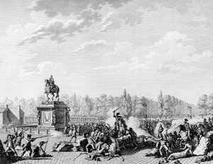 Den Franske Revolution: Place Louis XV, Charles Eugene de Lorraines drager, Prins af Lambesc (1754-1825) lastede en kortege, der bar busterne af Jacques Necker (1732-1804) og hertugen af Orleans den 12. juli 1789. Gravering af Berthaut efter Prior. Paris,