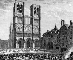 Fransk revolution: Thomas de Mahy, Marquis de Favras (1744-1790) gør det godt igen foran Notre Dame de Paris på øen la cite den 19. februar