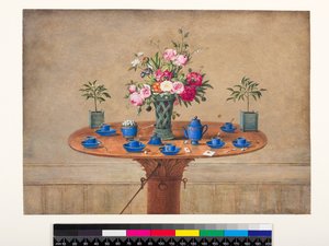 Stilleben med en vase med blomster og en teservice, 1810