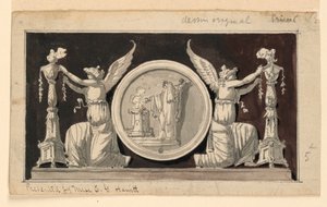Dekorativt panel: Medaljon med en offerscene mellem to sejre, der pryder kandelaber af Jean Louis Prieur the Younger