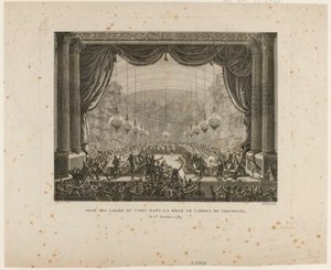 Fest for livvagterne, Flanderns regimenter, Montmorency-dragoner og Nationalgarden i Versailles. Når de tramper den nationale kokarde frem, viser de den sorte kokarde, et tegn på det "aristokratiske forbund"