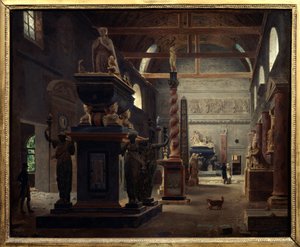 Introduktionshallen til Musee des Monuments Francais ved klostret Petites Augustins rue Bonaparte i Paris Maleri af Jean Lubin Vauzelle (1776-afr 1837) 1812 Søn. 0,6x0,75 m Paris, Musee Carnavalet.