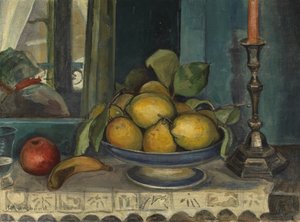 Stilleben med frugt og lysestage, ca. 1920 (olie på lærred)