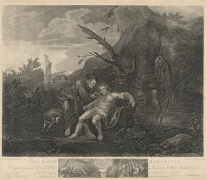 Den barmhjertige samaritaner af Jean Marie Delatre and Simon Francois Ravenet I after William Hogarth