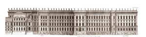 Louvre i Paris, projekt af Gian Lorenzo Bernini: elevation af hovedfacaden mod Seinen - Fra "" Architecture francoise"" af Jacques-Francois Blondel - elevation de la principale facade cote Seine - projekt af Bernin - gravering af Jean Marot
