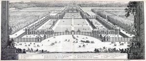 Generelt perspektivisk billede af Richelieus slot, borggård, forgård, blomsterbede, haver osv.