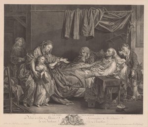 Familie omkring en syge seng La Dame Bienfaisante (titel på objektet) af Jean Massard