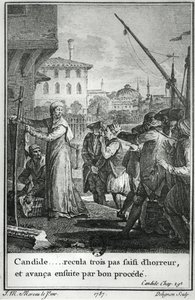 Candide ... tog tre skridt tilbage i rædsel og gik derefter frem med god procedure, illustration fra kapitel 29 af Candide af Francois Voltaire (1694-1778) indgraveret af Jean Louis Delignon (1755-1804) 1787 af Jean Michel the Younger Moreau