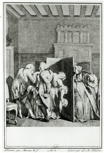 Baronen... hilste Candide med nogle bemærkelsesværdige spark på ridebuksen og drev ham ud af dørene, illustration fra kapitel 1 af Candide af Francois Voltaire (1694-1778) indgraveret af Louis Michel Halbou ( af Jean Michel the Younger Moreau