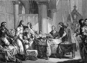 Abdikation af Carloman (ca. 715-754), borgmester for paladset i Austrasien, til fordel for hans bror, Pepin III dit Pepin le Brief (714-768), 747. Gravering af Jean Michel Moreau, dit Moreau le Jeune ( 1741-1814) af Jean Michel the Younger Moreau