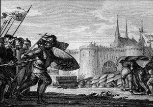 Armee viking angriber Saint Germain des Pres (Saint-Germain-des-Pres) og hans kloster. 9. århundrede (regne af Charles II den Skaldede). Gravering af Jean Michel Moreau, dit Moreau le Jeune (1741-1814) af Jean Michel the Younger Moreau
