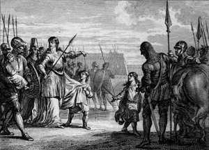 Charles Martel sendt i fængsel, 714: Plectrude (ca. 650-717), enke efter Pepin de Herstal, sendte den unge Charles Martel (688-741) i fængsel for at fjerne ham fra magten. Gravering af Jean Michel Moreau, dit Moreau le Jeune (1741-1814) af Jean Michel the Younger Moreau