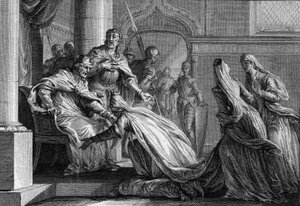 Emma af Frankrig (894-934), søster til Hugues den Store (897-956), bøjer sig på fødderne. Mariee har Raoul af Bourgogne (eller Rodolphe, 890-936), hun besluttede, efter anmodning fra sin bror, at give Frankrigs krone til sin mand, idet hun erklærede "bedre af Jean Michel the Younger Moreau