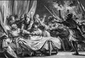 Slutningen af det karolingiske dynasti, 988: arrestation af Charles (953-991), hertugen af Nedre Lorraine, af Hugues Capet (941-996) og hans hær. Gravering af Jean Michel Moreau, dit Moreau le Jeune (1741-1814) af Jean Michel the Younger Moreau
