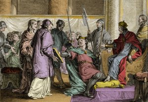 Erispoe (død 857), konge af Bretagne (Herispogius - Hervspogius - Respogius) modtog rigets smykker fra Charles II den Skaldedes hænder (823-877), 851. Gravering af Jean Michel Moreau, dit Moreau le Jeune (1741) - 1814) af Jean Michel the Younger Moreau